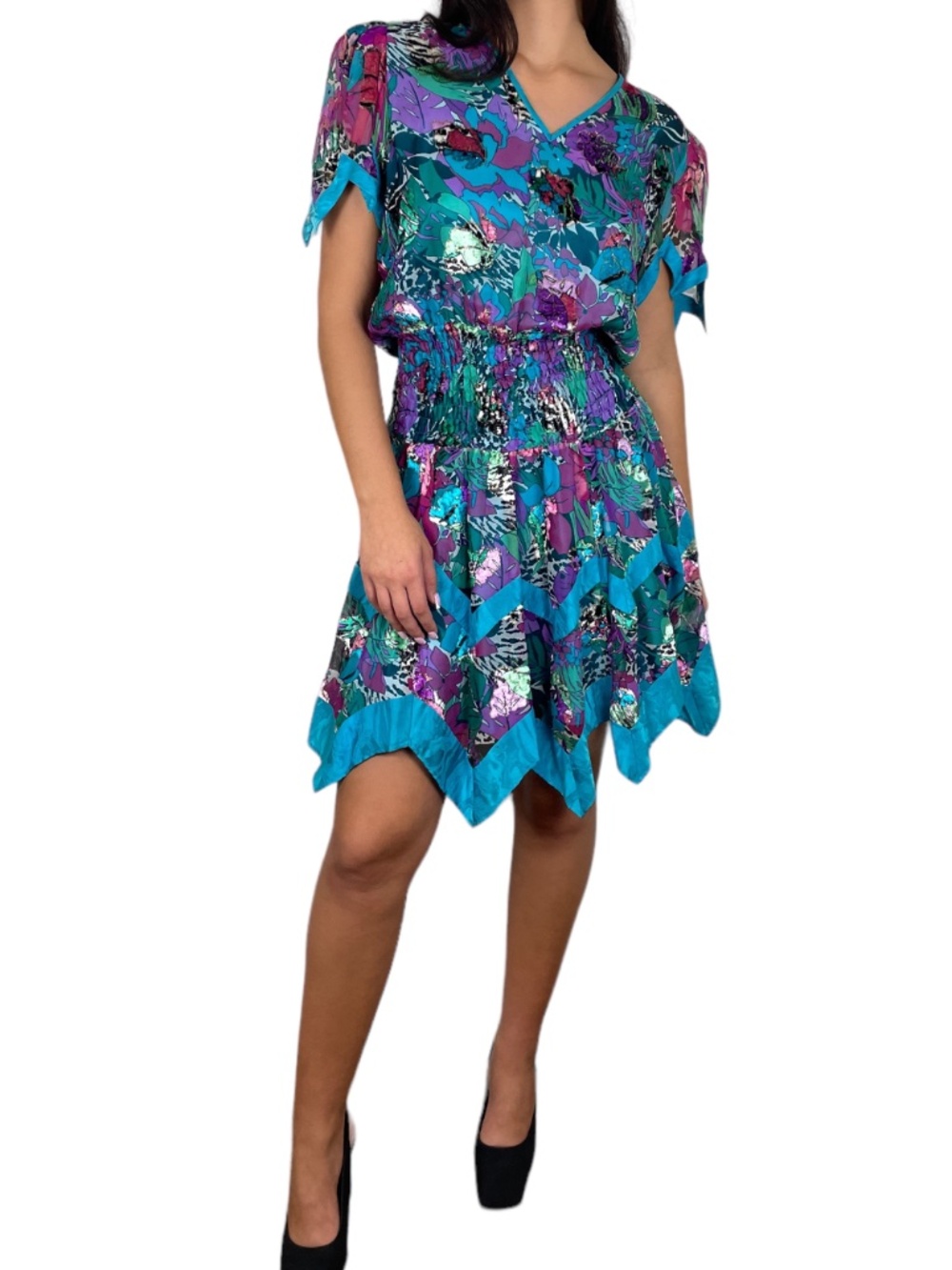 Vintage Diane Freis Multicolored Floral Blue Disco Dress